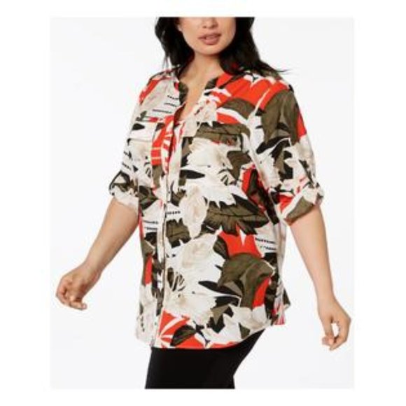 Calvin Klein Tropical Printed Tab Sleeve Blouse - Picture 2 of 7